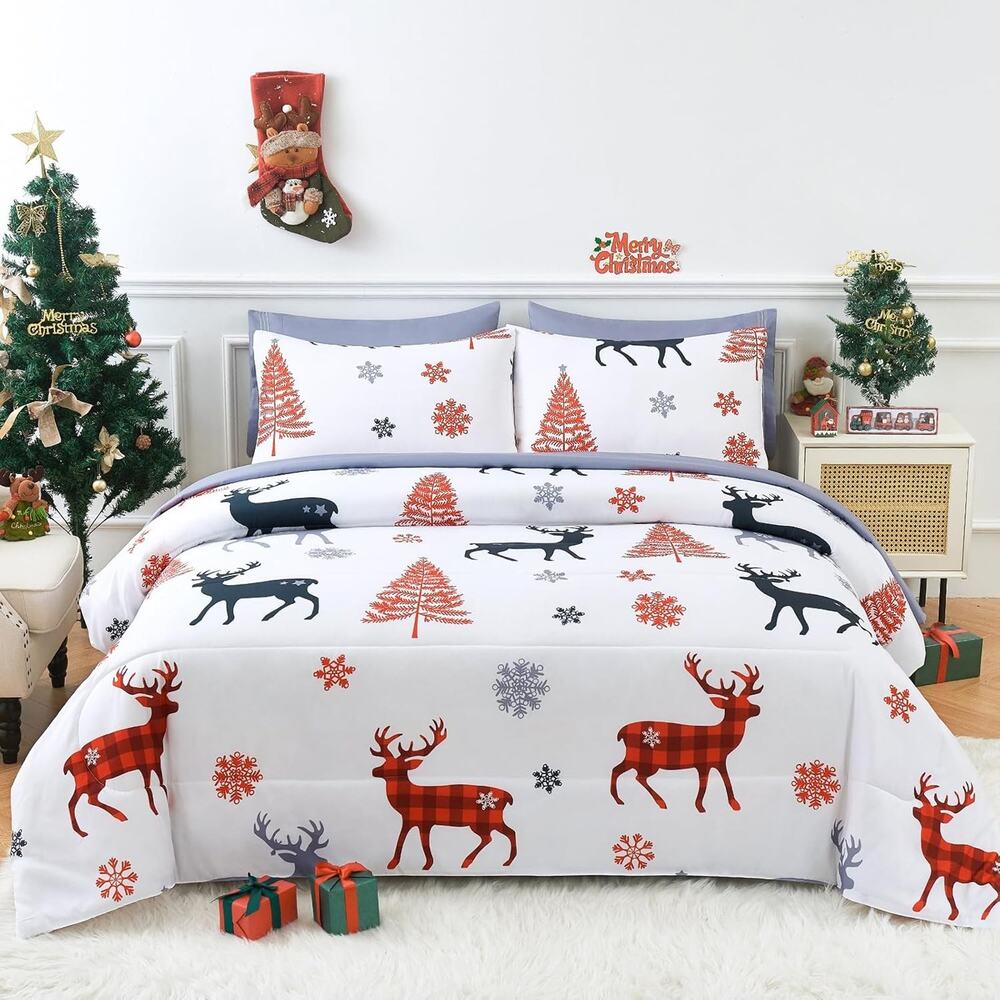 YIYEA Christmas Queen Comforter Set 7-Piece Bed in a Bag Reindeer New